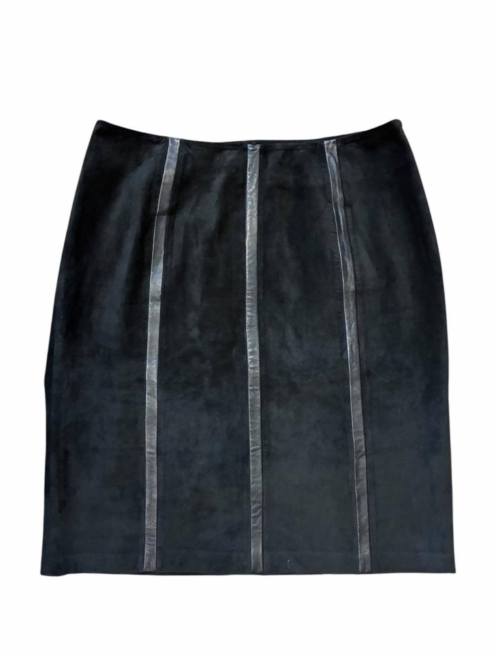 VINTAGE Alfani Black Suede Pencil Skirt with Leather Stripes Women's Size 10